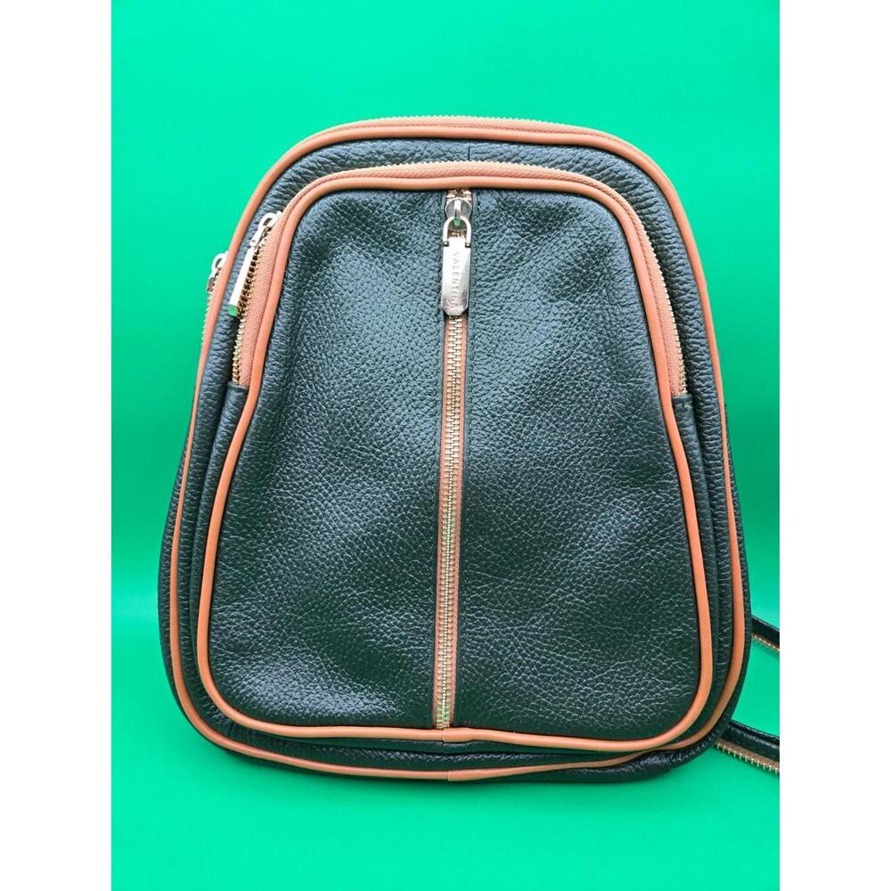 Valentina Italy Genuine Leather Dome Sling Backpack Purse Black Pebbled Tan Trim